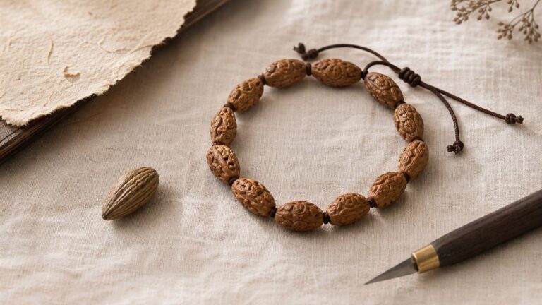 Carved olive-pit bead bracelet with a loose olive pit and carving knife on ivory linen
