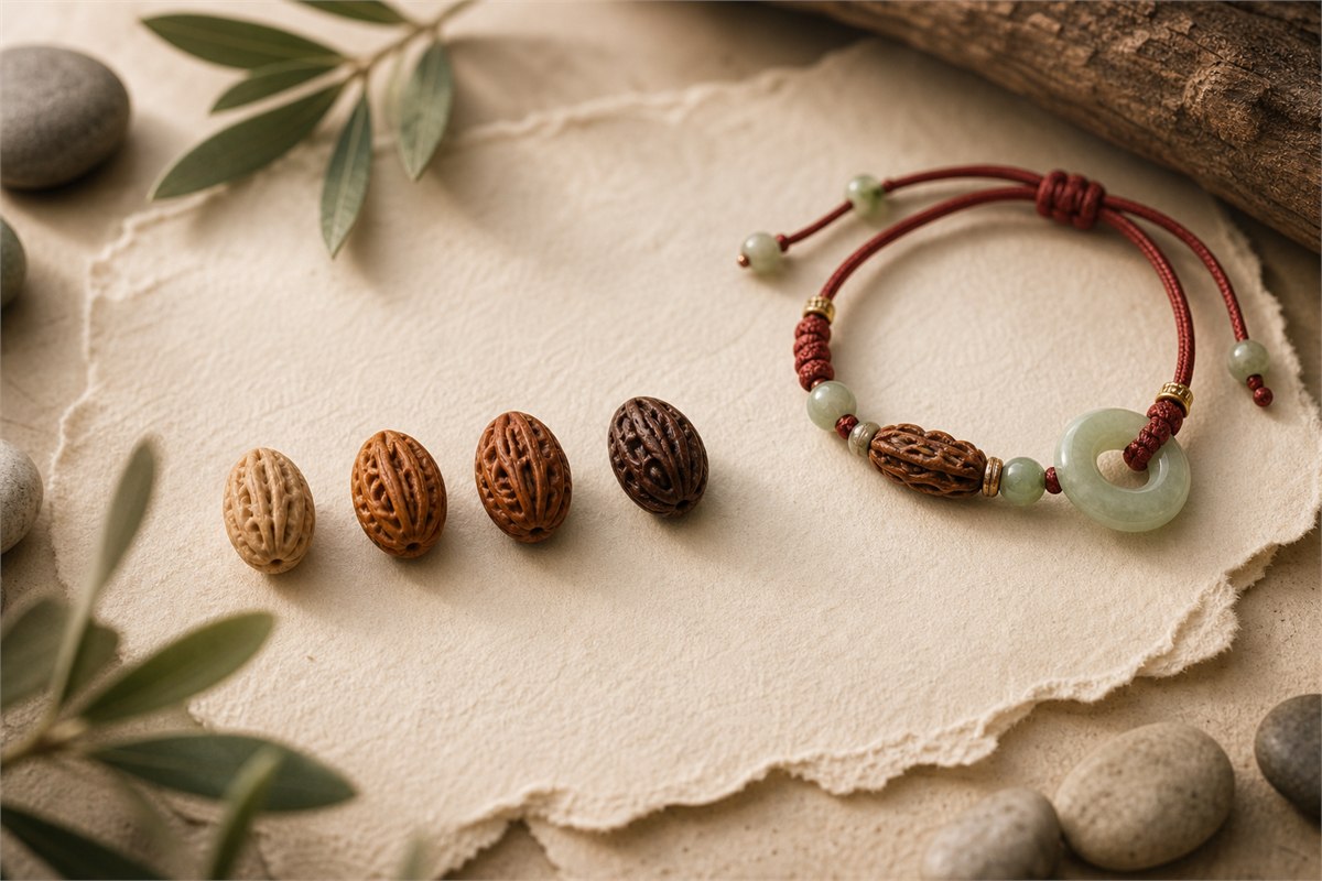 Four olive-pit beads ranging from matte light tan to softly polished chestnut brown
