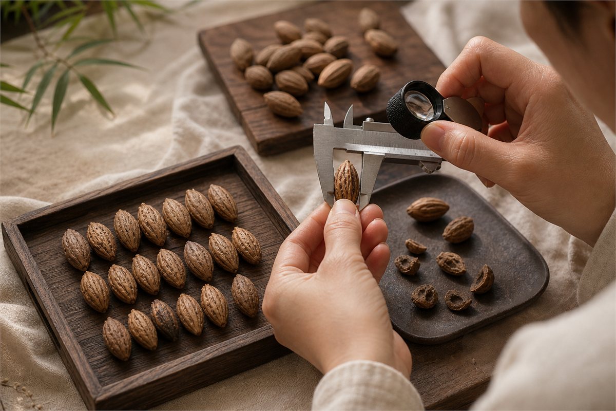 Hands comparing olive pits with a caliper and loupe beside sorted trays