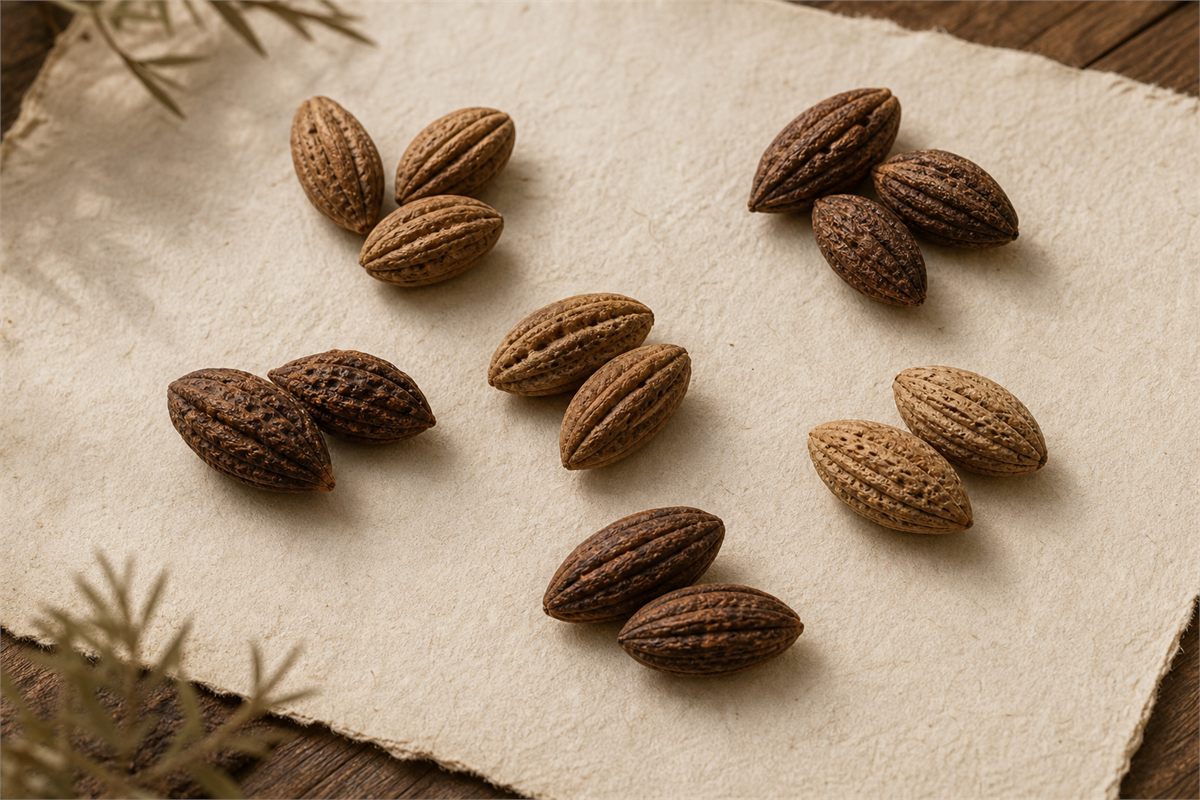 Assortment of olive pits varying in length, roundness, ridge pattern, and brown color