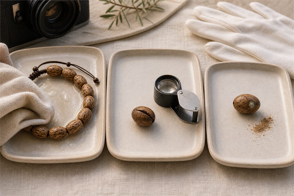 Separate trays showing a damp bracelet, a cracked pit under a loupe, and a spotted pit with powder