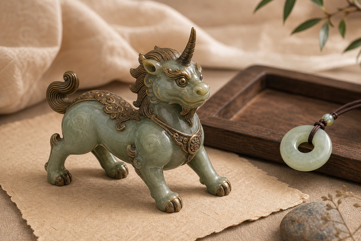 Xiezhi (獬豸) one-horned law beast shown with jade and scholar objects