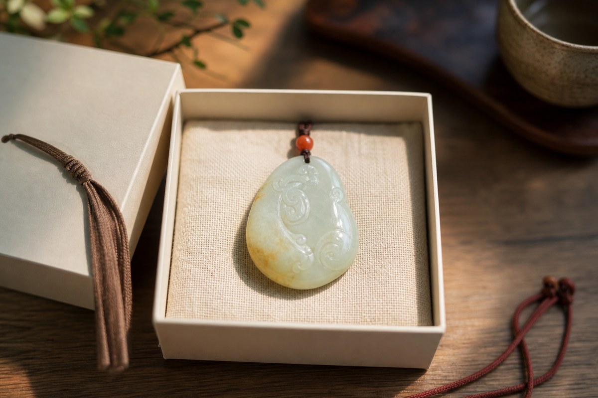 One-of-a-kind pale jade-like pendant with subtle natural skin color resting in a warm ivory linen gift box