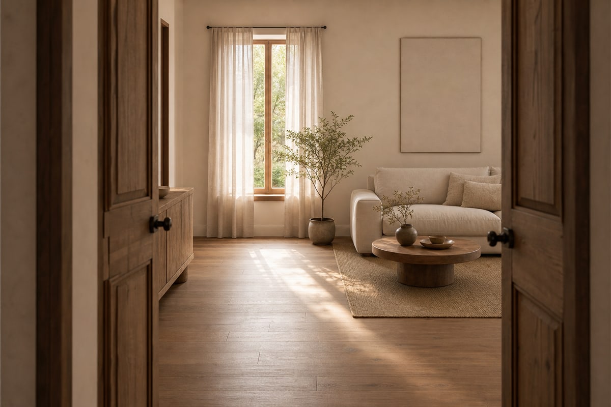 View through an open doorway into a room with a clear path and balanced furniture placement