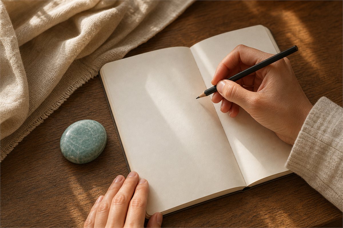 Amazonite palm stone beside a blank notebook as a hand prepares to write