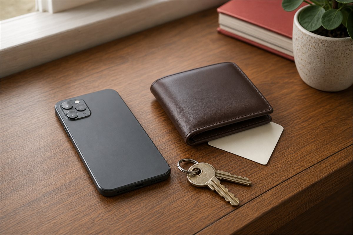 A face-down phone beside closed wallet, house keys, and a blank privacy card on a tidy table
