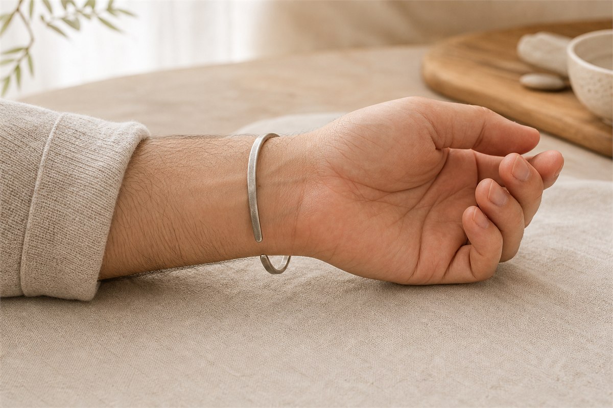 Open silver-tone cuff resting around the narrow side of a man’s wrist