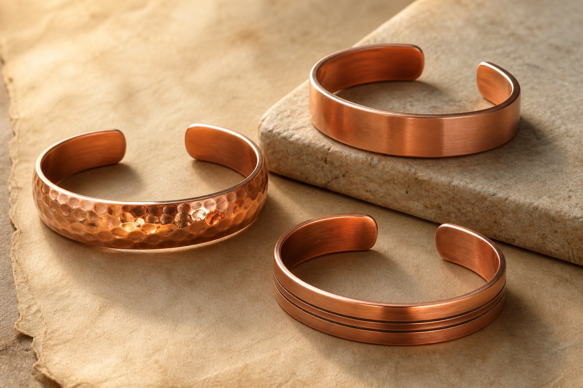 Three red copper open cuffs with plain, hammered, and brushed grooved finishes