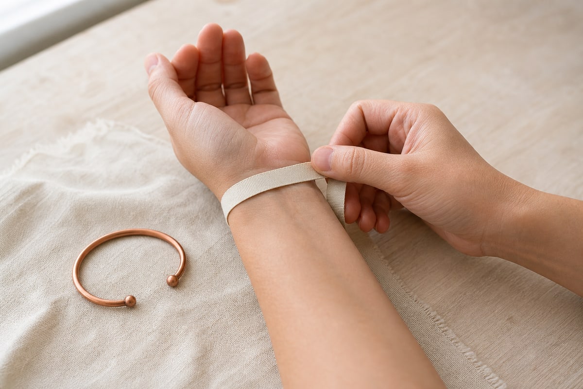 Adult wrist measured with a soft fabric tape beside an intact open red copper cuff