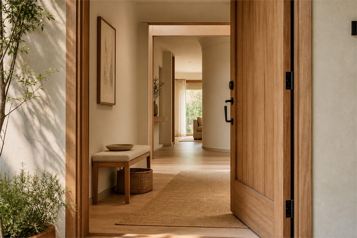 View through an open front door from a quiet landing into a calm sunlit family entryway