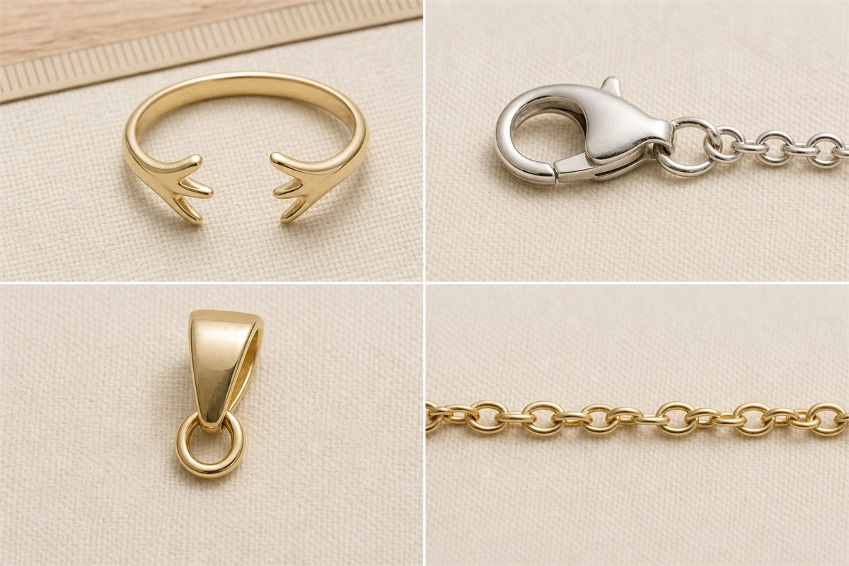 Macro grid showing an open antler ring, lobster clasp, pendant bail, and intact chain links