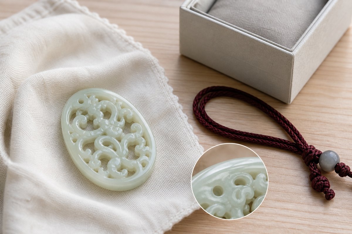 Openwork jade carving (镂空玉雕) pendant with soft cloth, cord check, and storage box