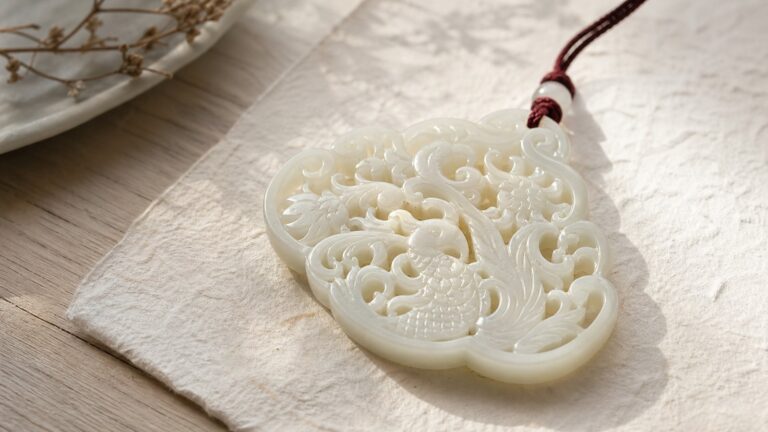 Openwork jade carving (镂空玉雕) pendant with pierced floral space and soft shadow