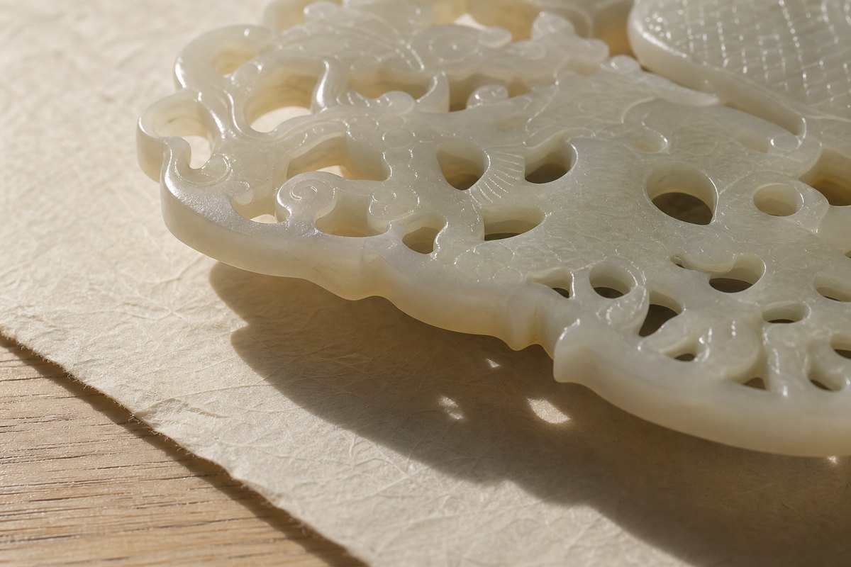 Openwork jade carving (镂空玉雕) close-up casting layered pierced shadows in natural light