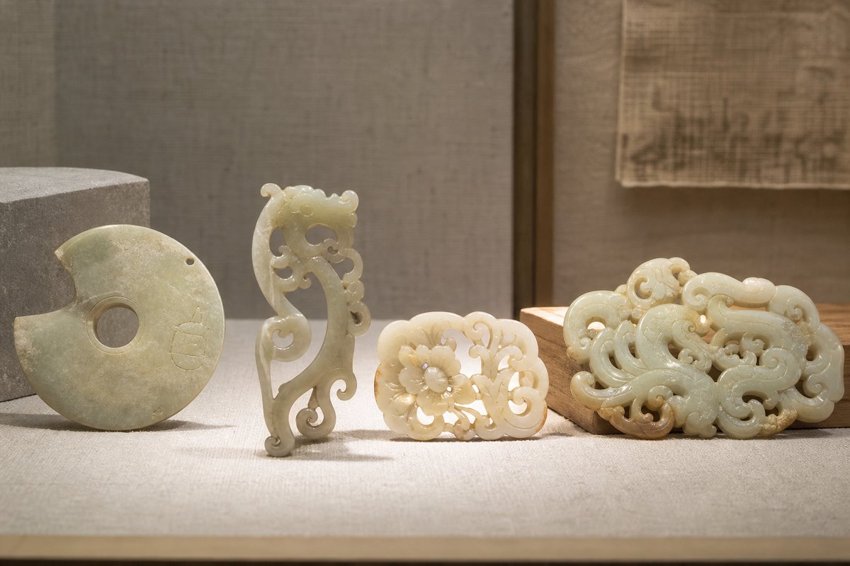 Openwork jade carving (镂空玉雕) inspired historical display with pierced jade forms