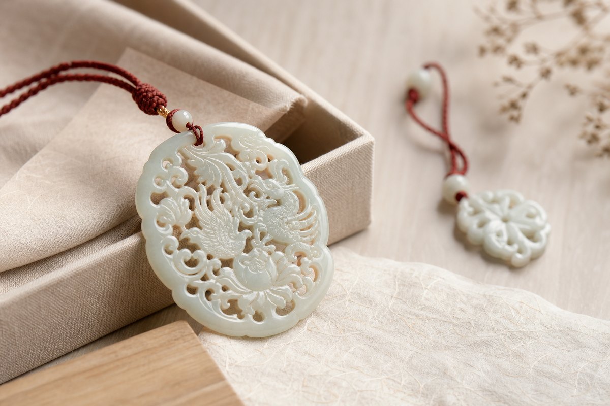 Openwork jade carving (镂空玉雕) pendant in a restrained Eastern gift setting
