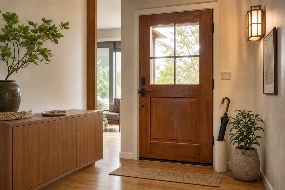 Clean refreshed entryway with clear floor, smooth door, warm light, contained shoes, key tray, and one healthy plant