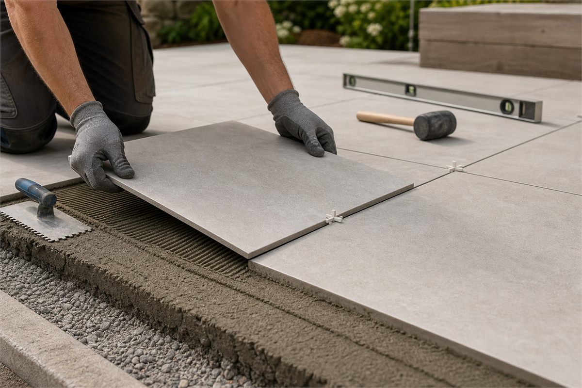 Worker laying opaque outdoor quartz tile on a leveled cement base with spacers creating consistent movement joints