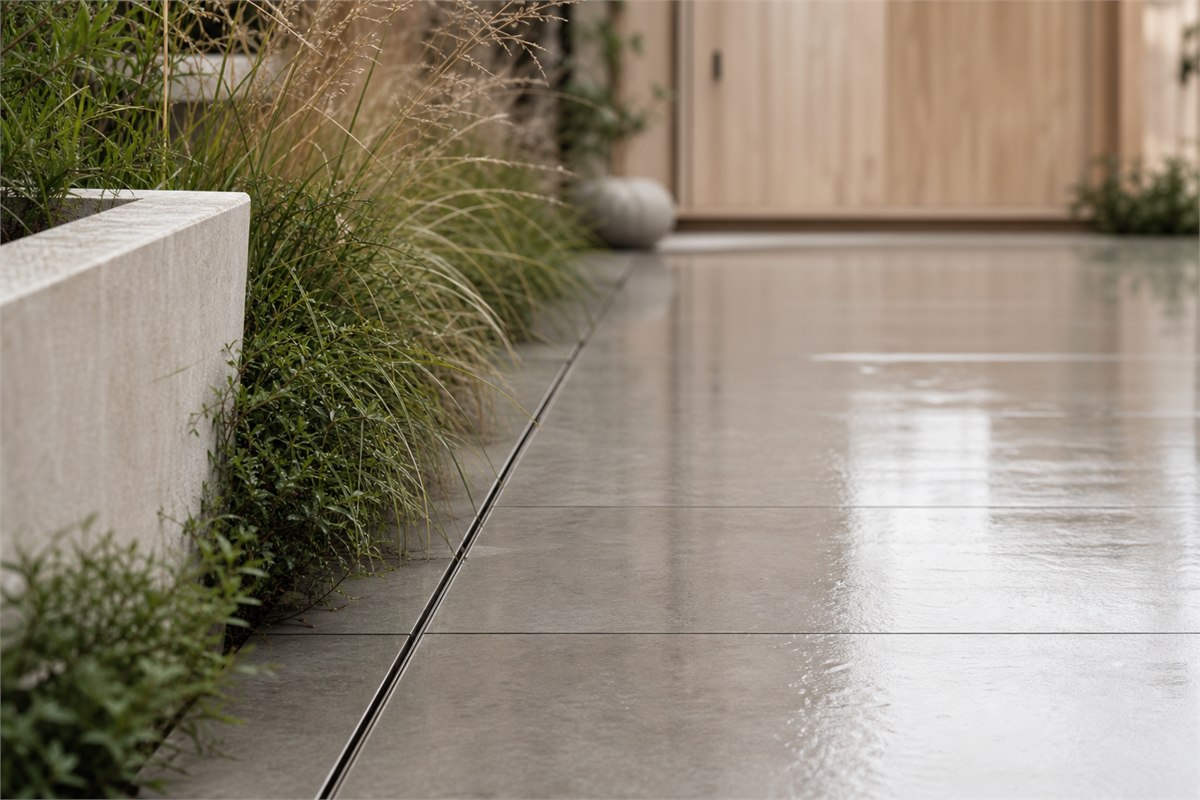 Outdoor quartz tile paving with clean joints and a concealed linear drain carrying water along the courtyard edge