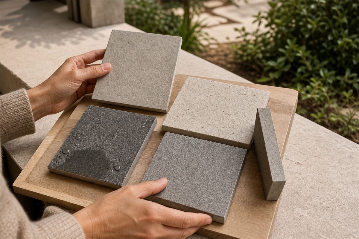 Hands comparing opaque quartz tile samples, cut edges, surface texture, and water droplets on a material table