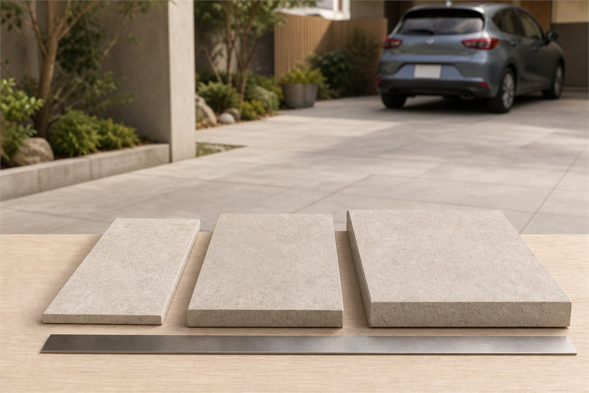 Three opaque outdoor quartz tile cut samples of increasing thickness beside a paved residential parking courtyard
