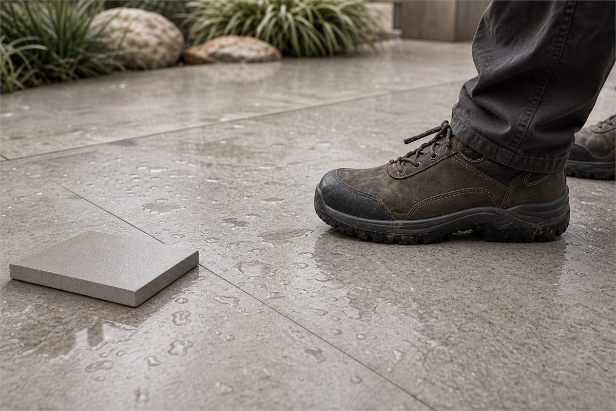 Water beading on an outdoor quartz tile sample while a work shoe tests wet surface grip