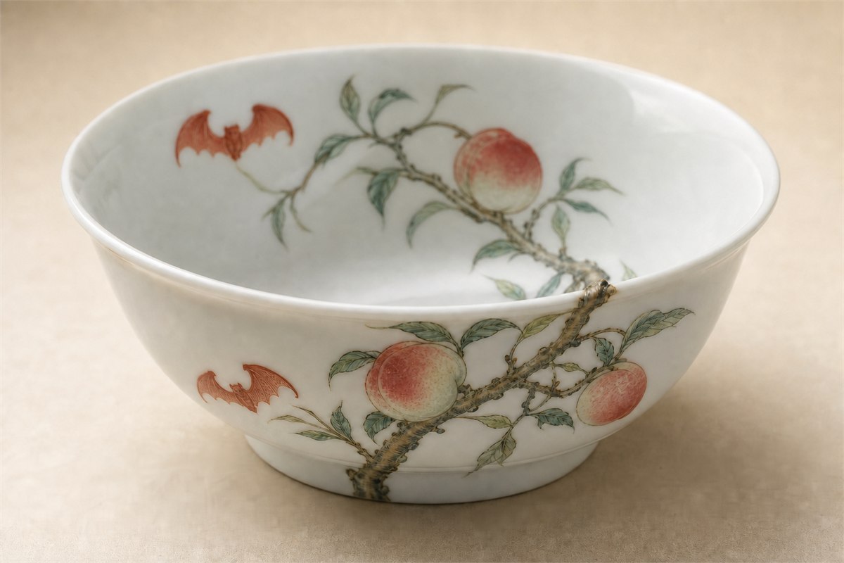 White porcelain bowl with a continuous peach branch crossing from the interior over the rim to the exterior