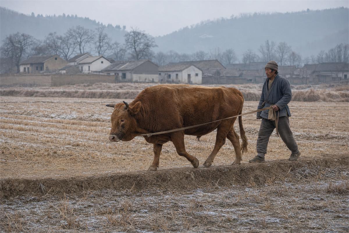 Farmer walking beside one ox at the edge of a winter field