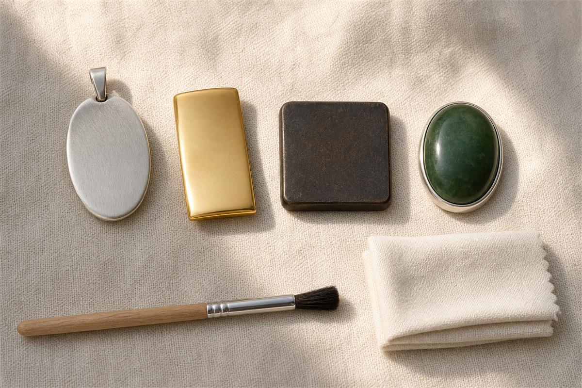 Plain silver, gold-vermeil, oxidized bronze, and green jade jewelry samples on linen