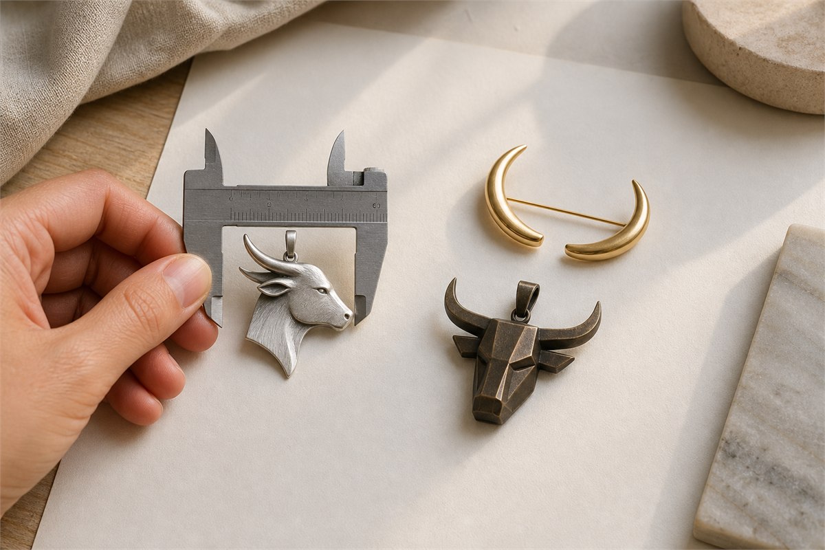 Silver ox-profile pendant, gold horn-arc brooch, and geometric bronze ox-head pendant