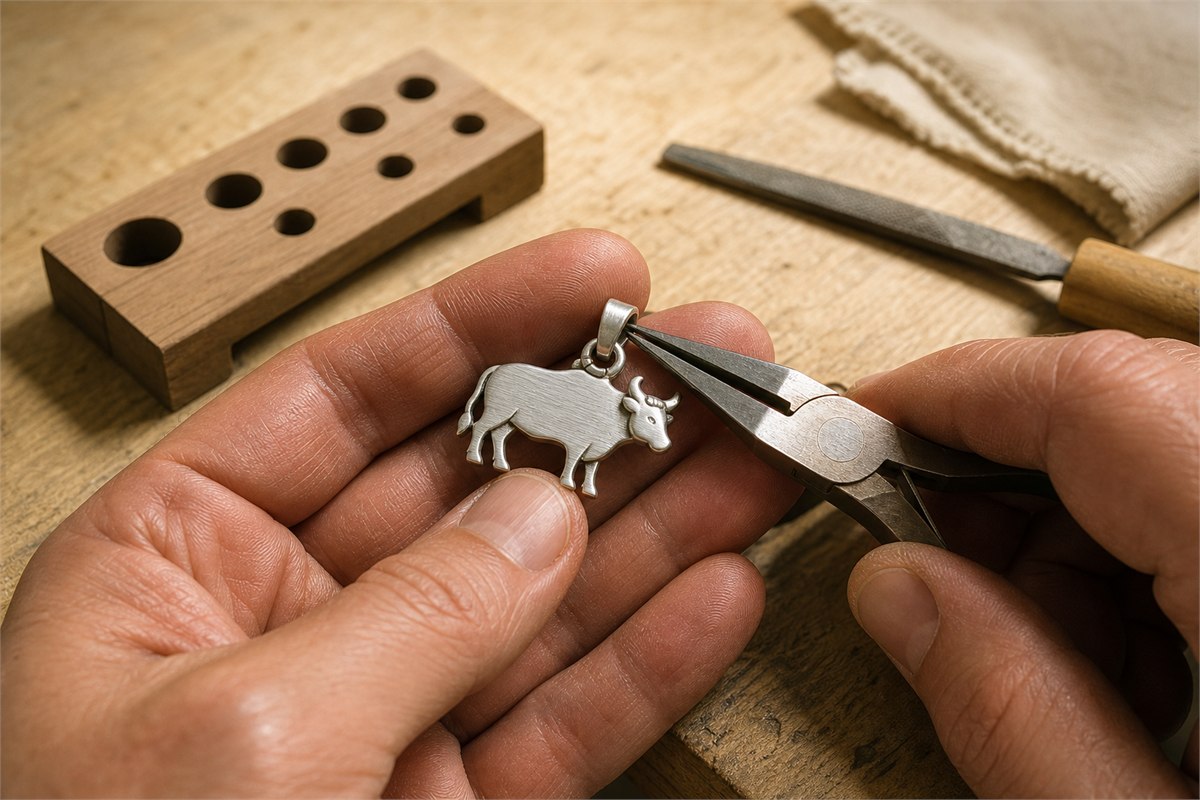 Jeweler checking the reinforced ring and bail of a brushed silver ox pendant