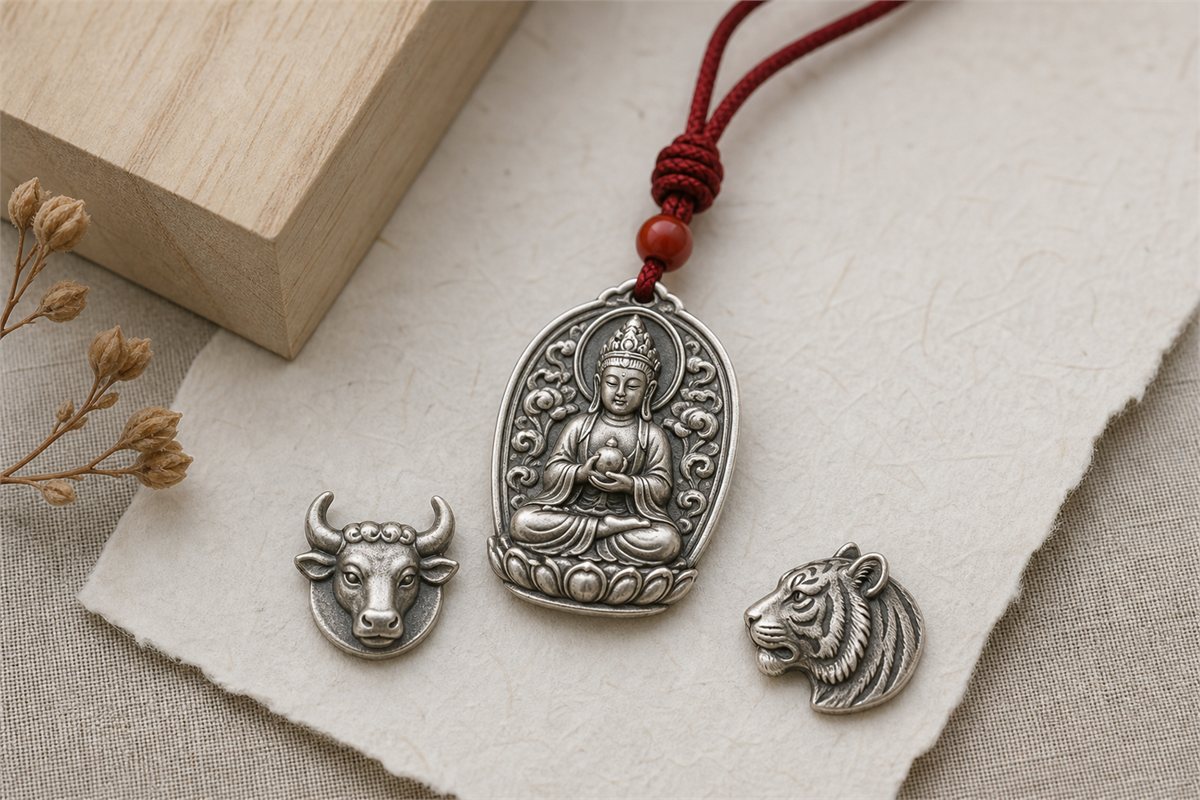 Silver bodhisattva pendant beside separate ox and tiger zodiac tokens