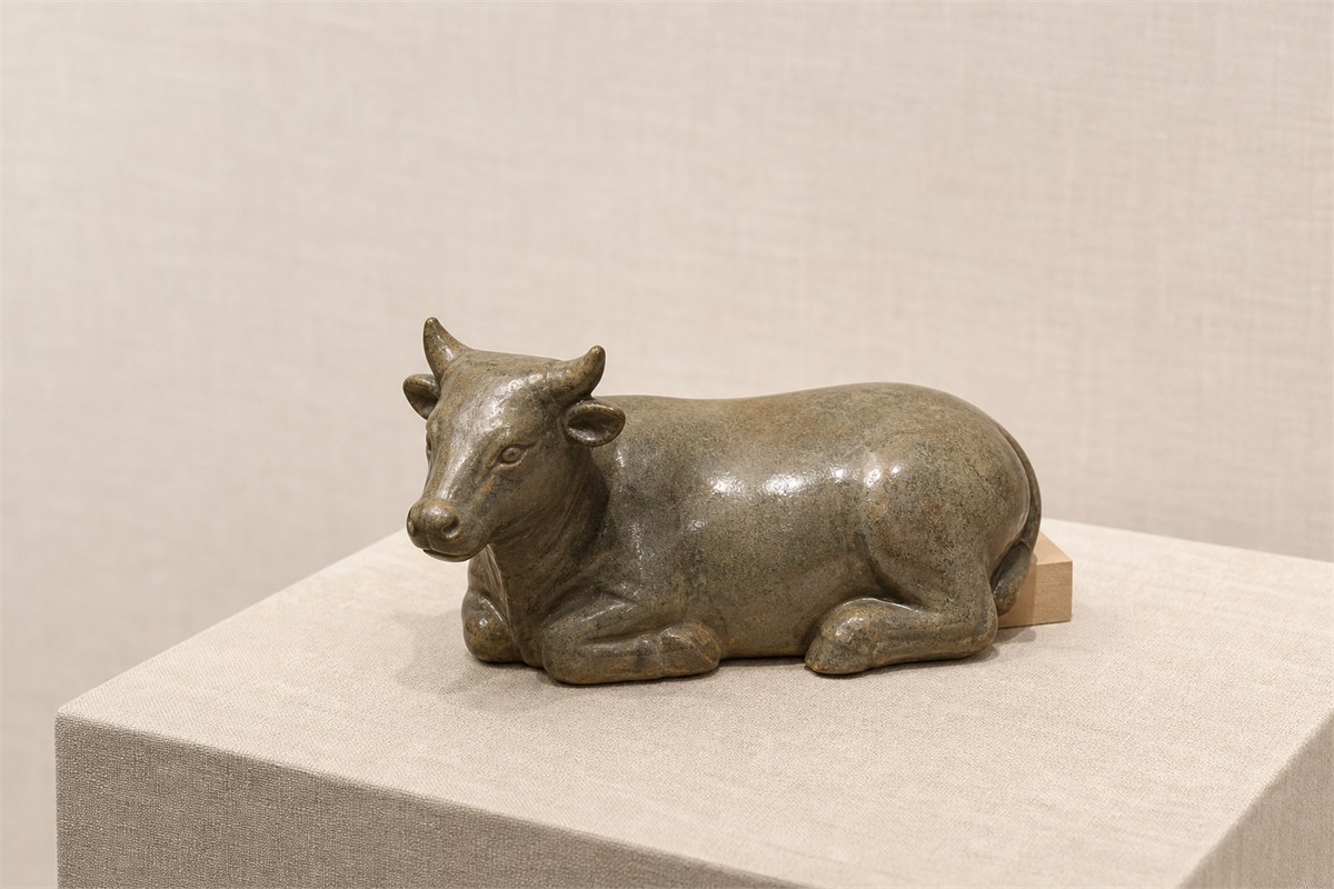 Small glazed stoneware ox figurine displayed on a neutral museum-style plinth