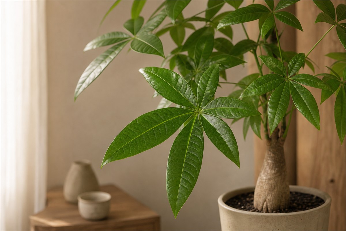 Pachira aquatica with glossy palmate leaves and a firm indoor trunk