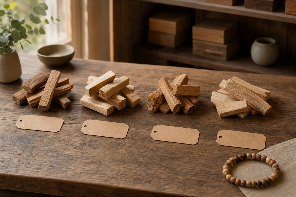 Four sandalwood sample groups with blank tags on a neutral sorting table