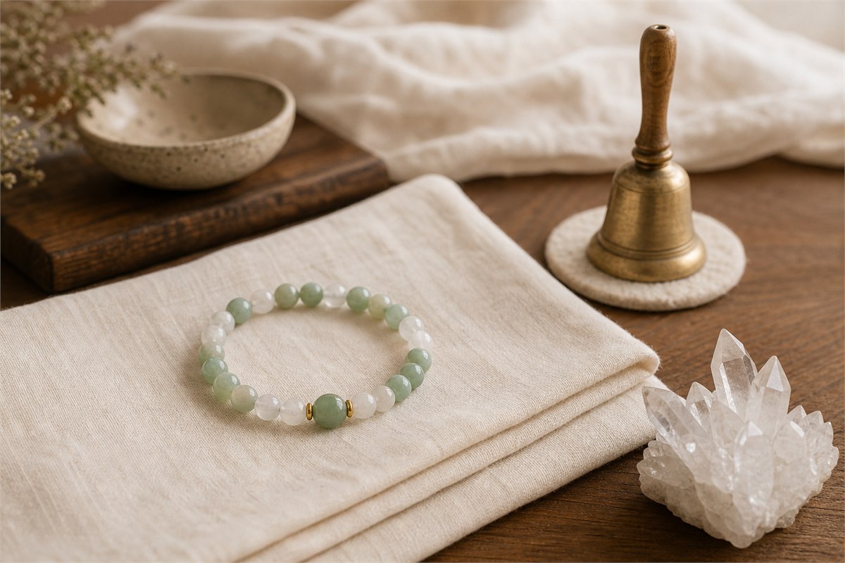 Green and white bracelet lying on folded linen near a quartz cluster and brass bell on a felt coaster