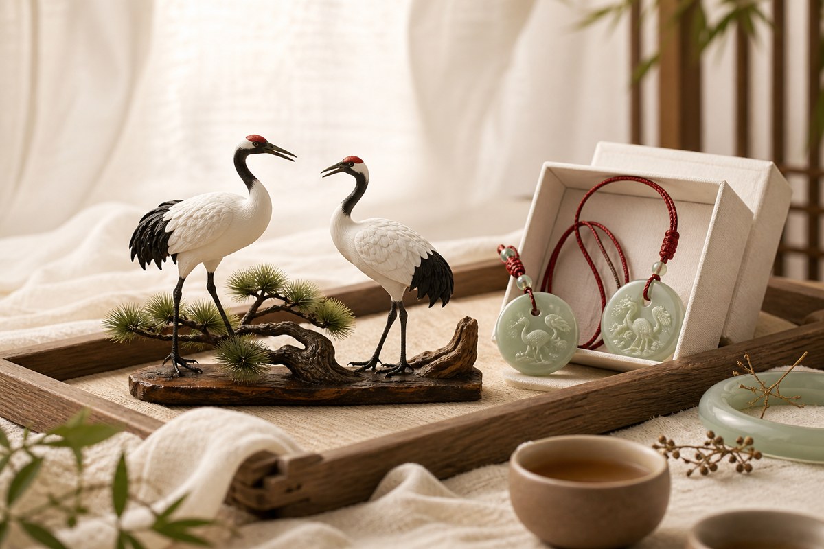Paired crane motif with jade pendants and red cord, symbolizing loyal love