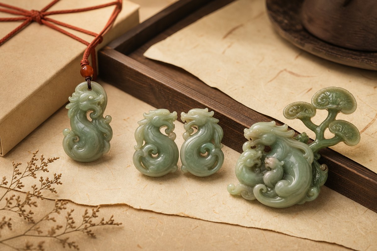 Paired Chilong (双螭), mother-and-child Chilong (子母螭), and lingzhi blessing jade forms
