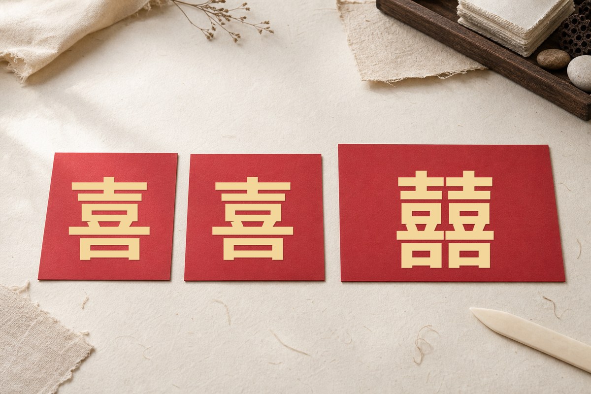 Two red paper joy characters Xi (喜) shown beside the joined Double Happiness character Xi (囍)