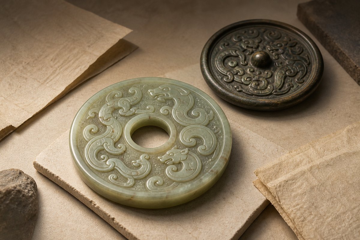 Historically inspired jade bi and bronze fragment with coiled Pan Chi (蟠螭) hornless dragon patterns