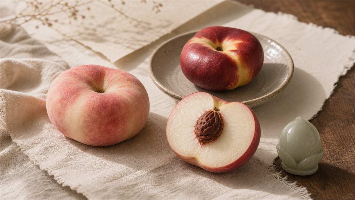 Fuzzy and smooth flat peaches with a white-fleshed cut half, peach stone, and small jade peach ornament