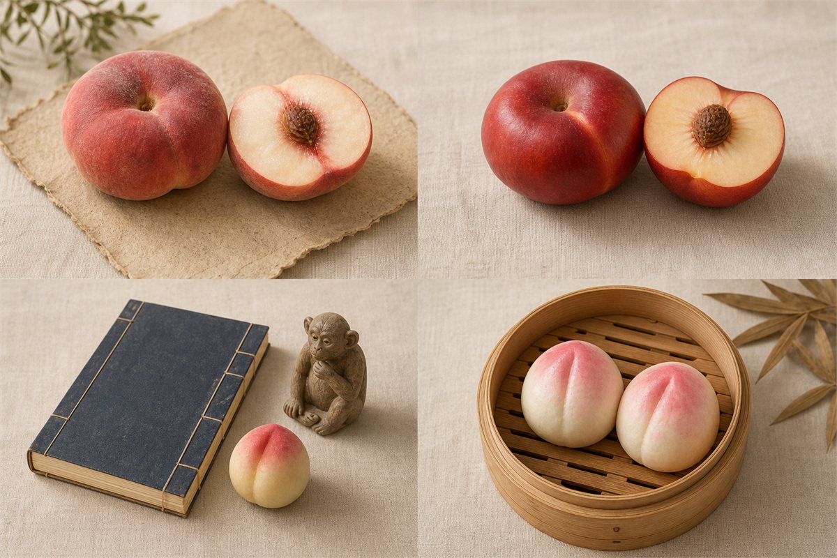 Four-part still life of a fuzzy flat peach, smooth flat nectarine, closed storybook with monkey carving and peach, and two longevity buns