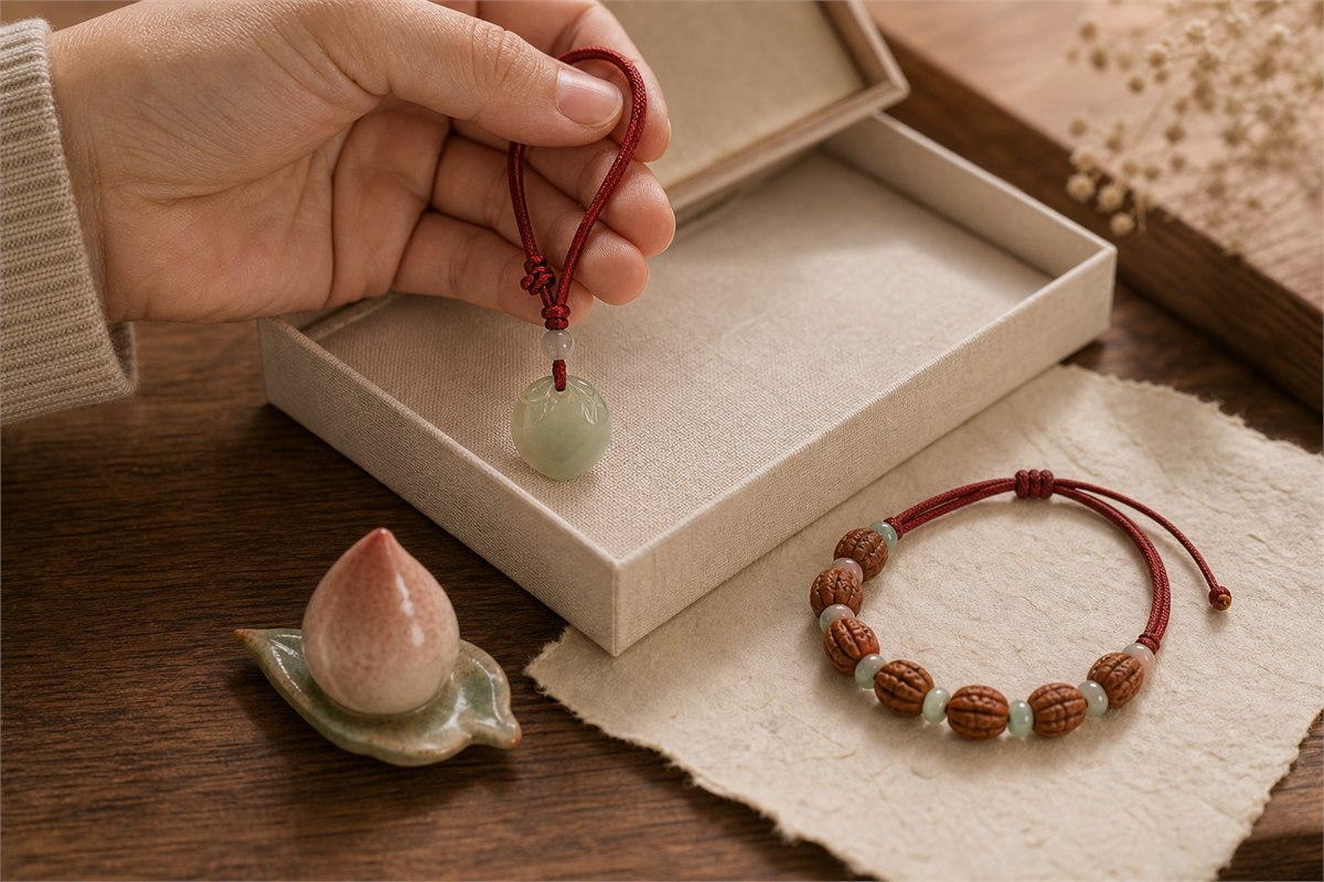 Adult hand holding a pale jade peach pendant beside a peach-pit bead bracelet and small ceramic peach keepsake