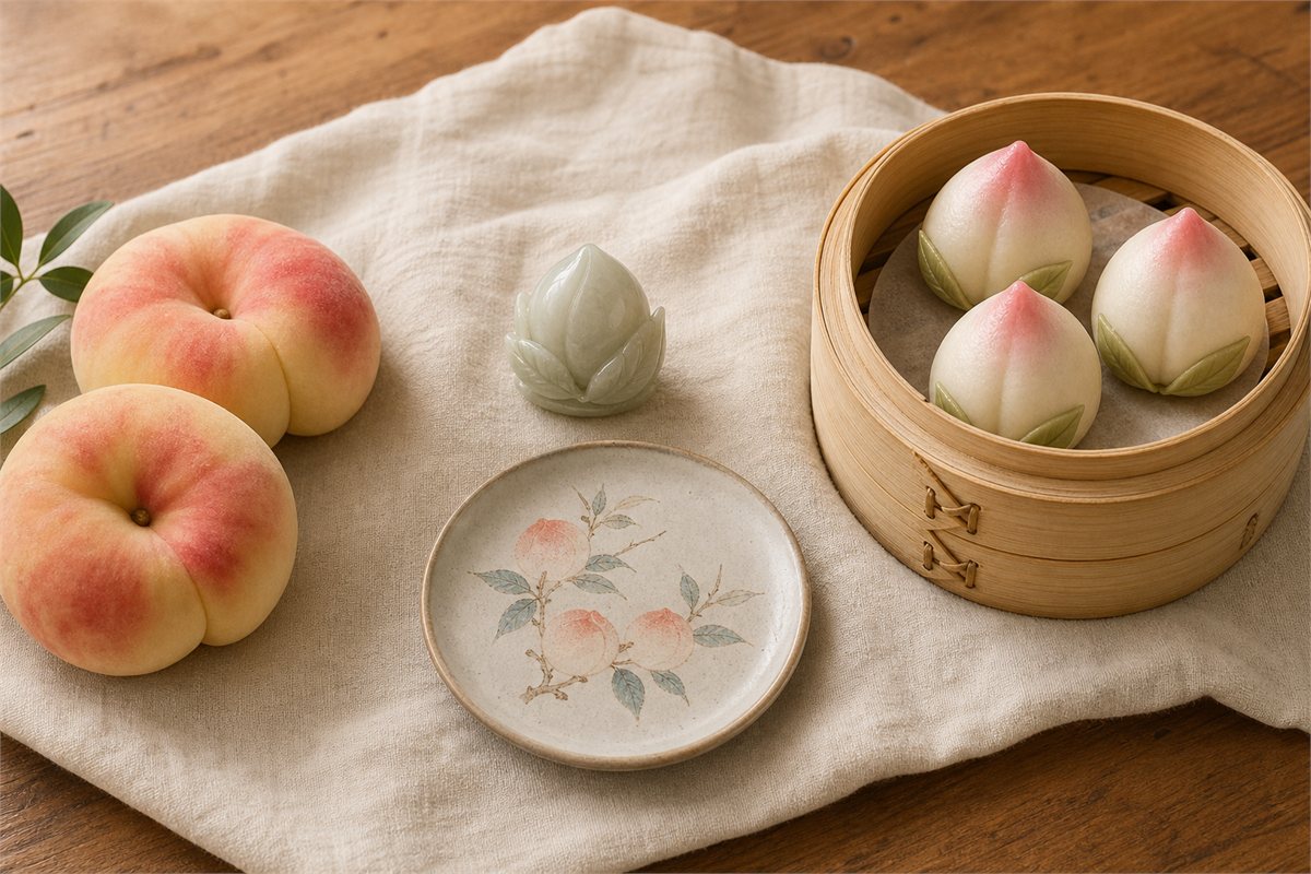 Two real flat peaches, jade peach ornament, ceramic peach motif plate, and three peach-shaped longevity buns in a steamer