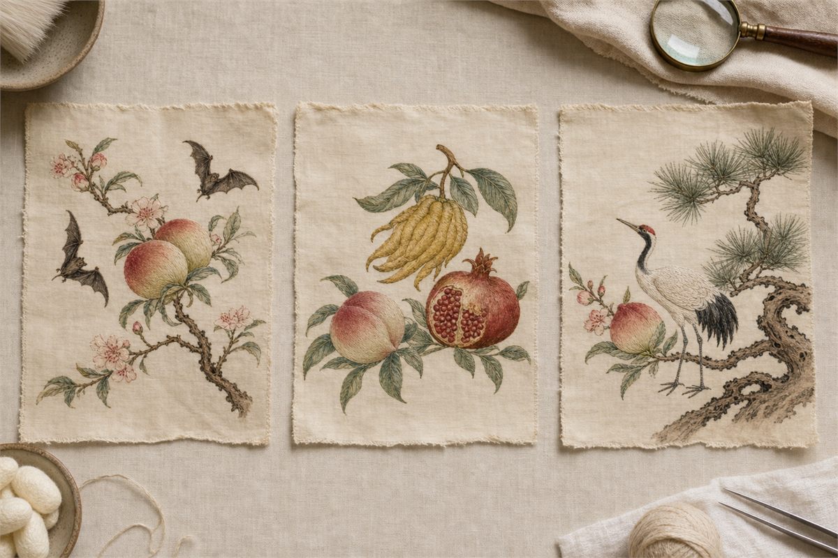 Three textile studies showing peaches with bats, Buddha’s-hand citron with peach and pomegranate, and peach with crane and pine