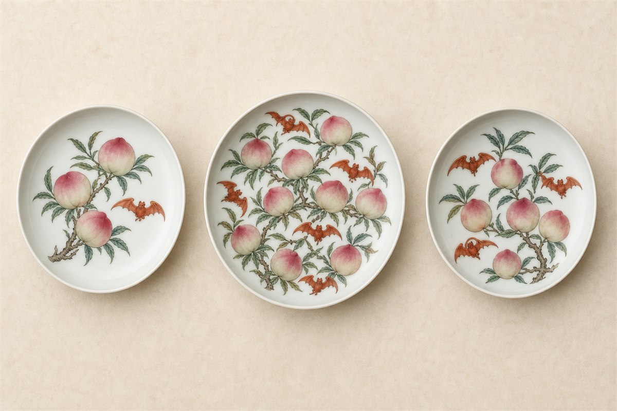 Three porcelain dishes with visibly different peach and bat counts shown side by side