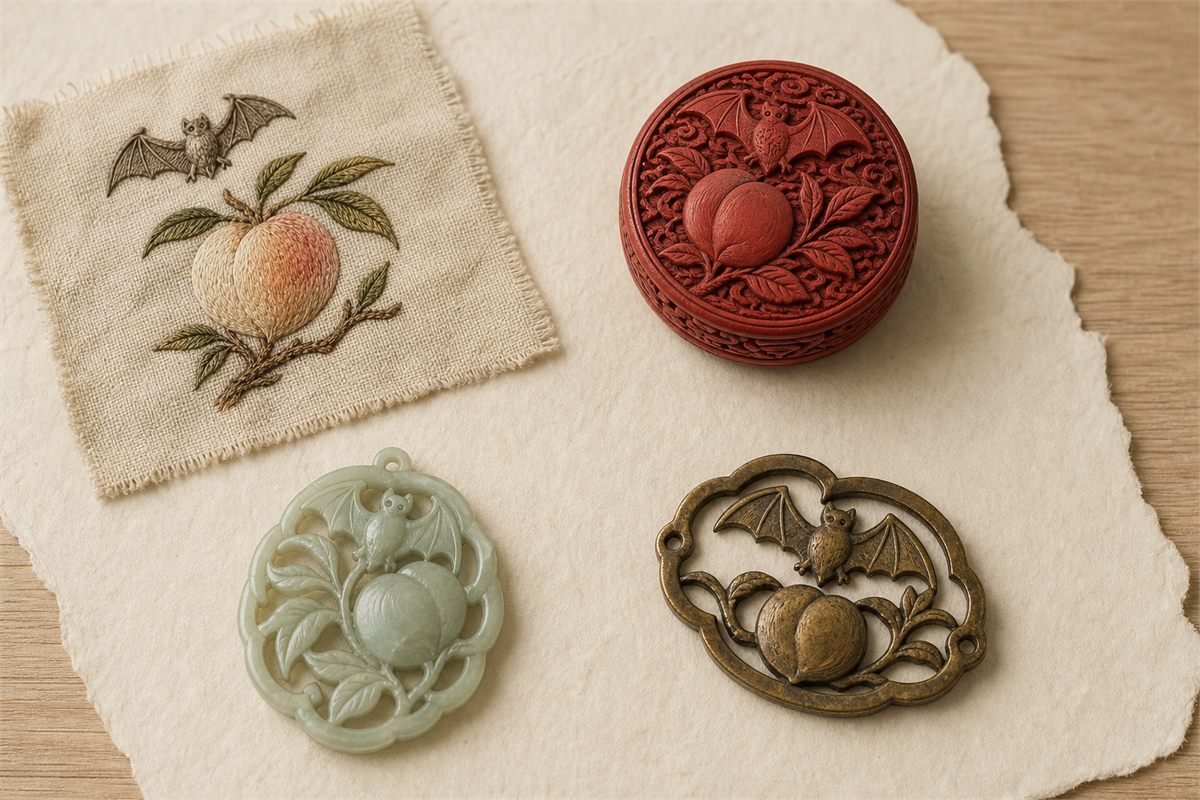 Textile, carved lacquer, jade, and brass samples each using a peach-and-bat design