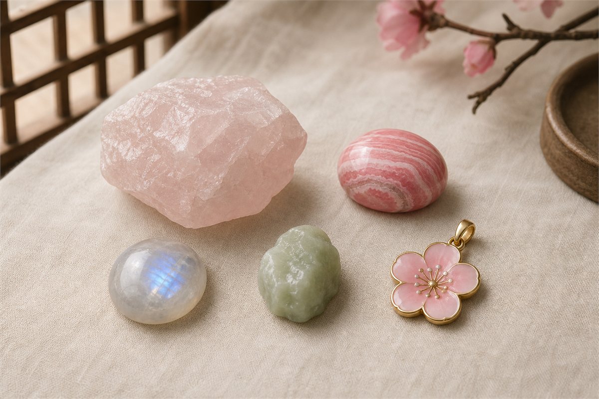 A rose quartz chunk, banded rhodochrosite, moonstone cabochon, pale jade piece, and floral pendant arranged separately
