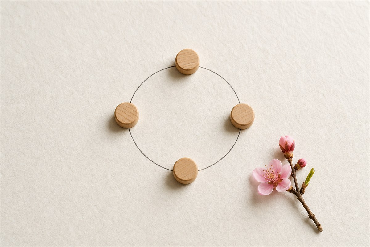 Four unmarked wooden counters around a simple circle beside peach blossoms on blank handmade paper