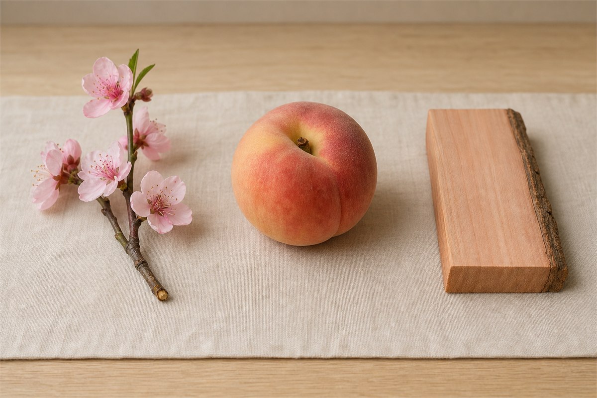 A flowering peach branch, a ripe peach fruit, and an unfinished peach wood block displayed separately